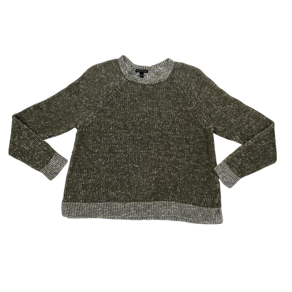 Eileen Fisher Women’s Medium Green Sweater Cotton Linen Fisherman Style